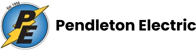 Pendleton Electric logo featuring a blue circle with a lightning bolt and the letters "PE," established in 1956, representing heating solutions and gas fireplaces in Pendleton, OR.