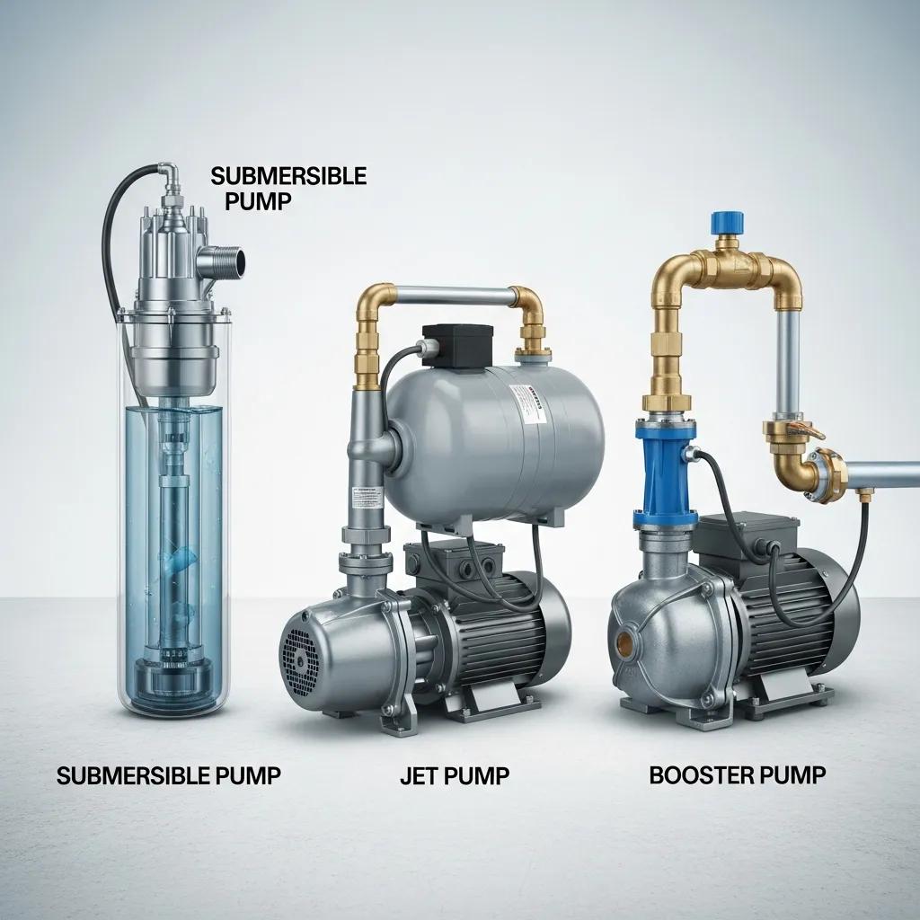 Different types of well pumps including submersible, jet, and booster pumps, showcasing service options for homeowners in Eastern Oregon.