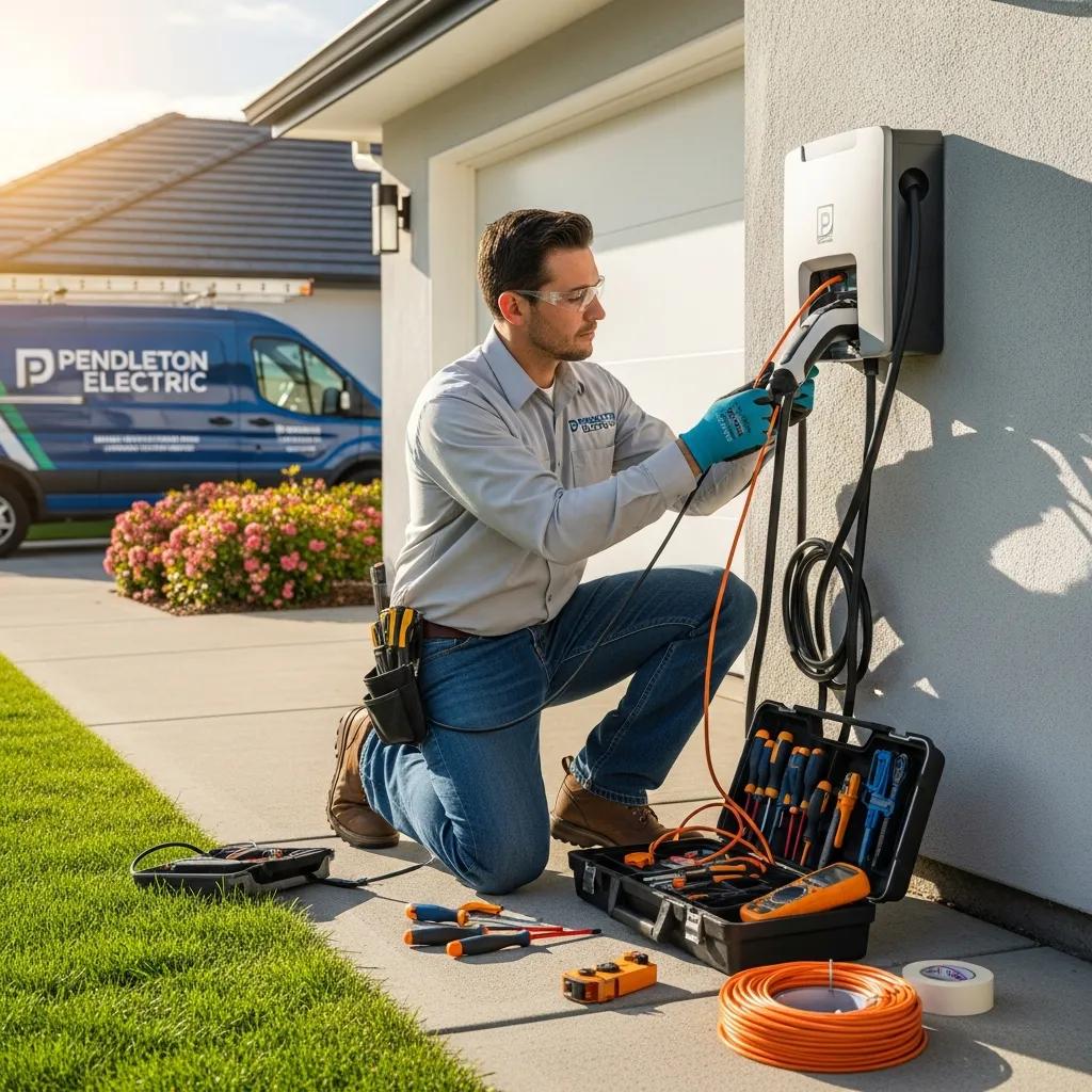 Electrician from Pendleton Electric installing a Level 2 EV charger at a home
