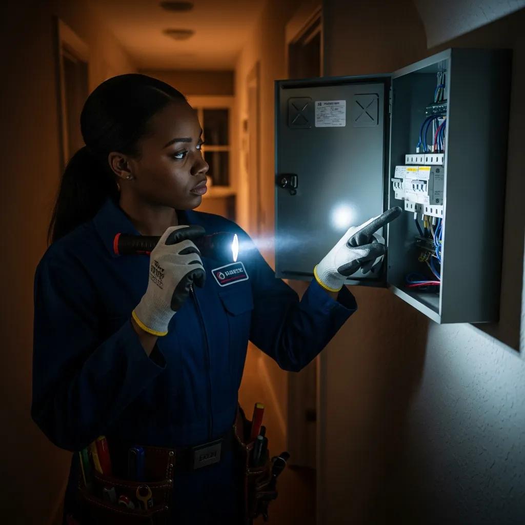 Electrician inspecting a circuit box during an emergency at night, showcasing 24/7 electrical repair services