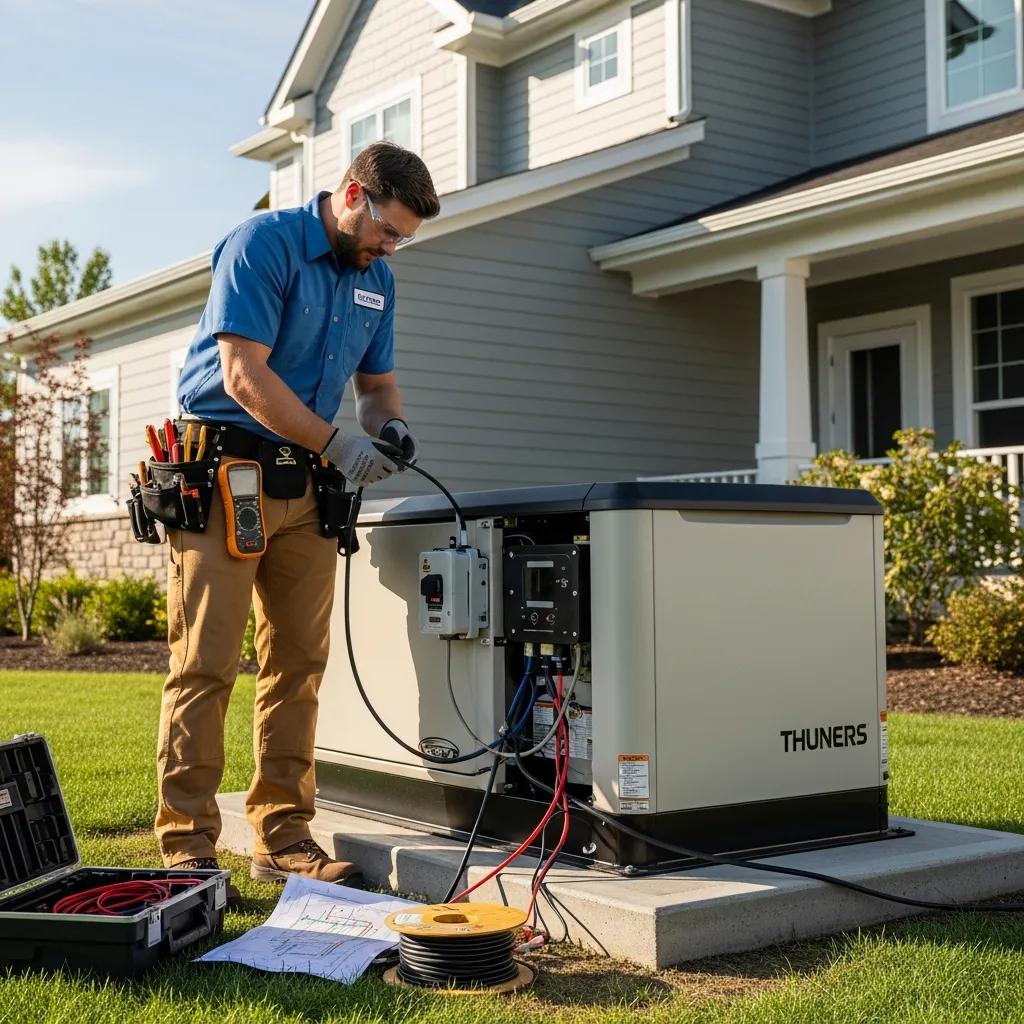 Electrician installing a home standby generator in Eastern Oregon, showcasing professional generator installation services by Pendleton Electric.