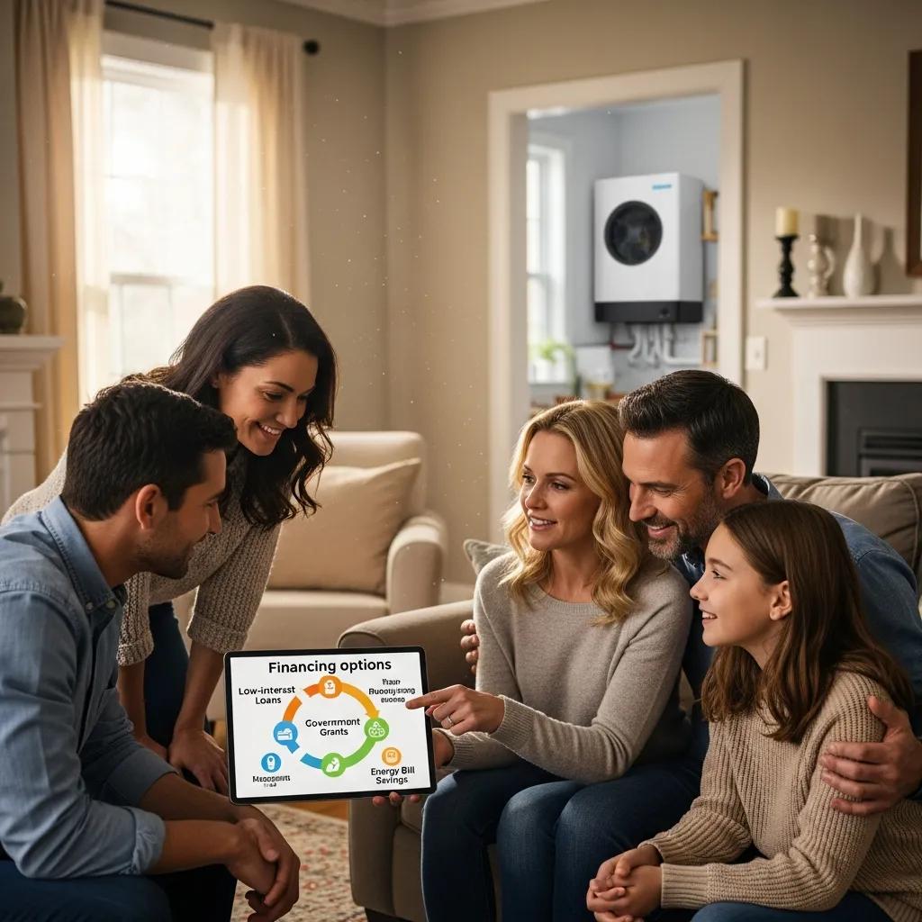 Family discussing financing options for heat pump installation in a cozy living room