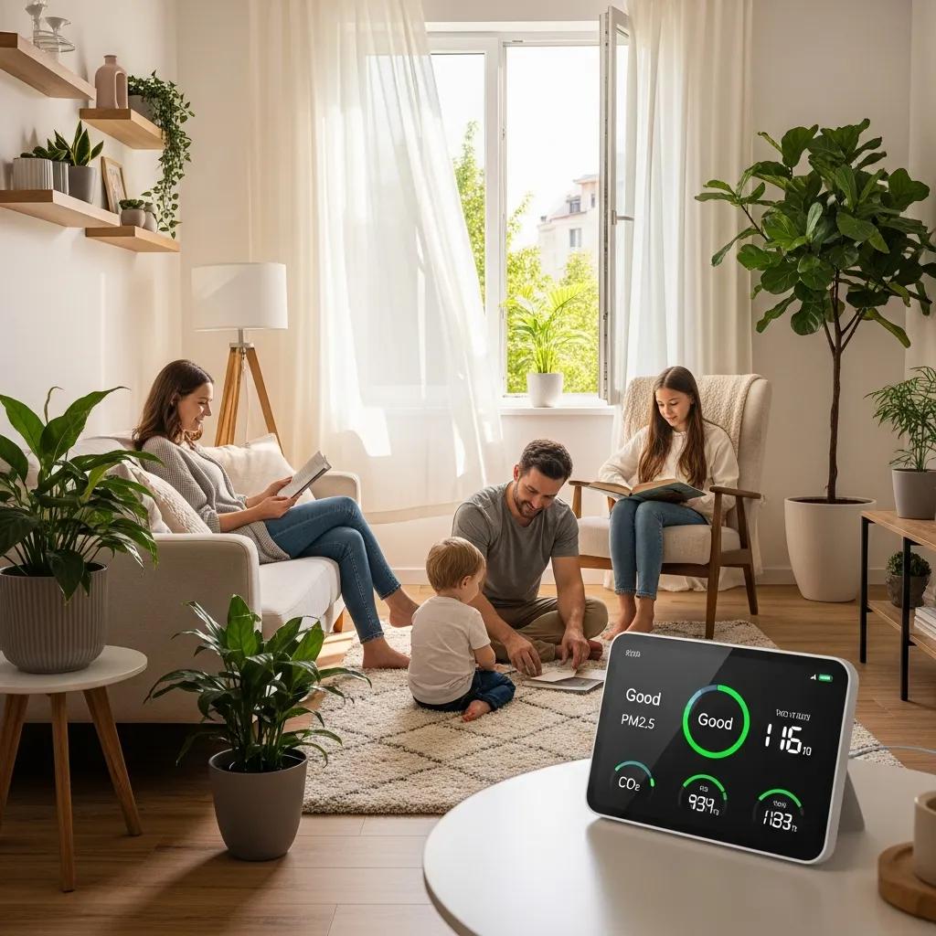 Family enjoying a comfortable home environment with visible air quality indicators