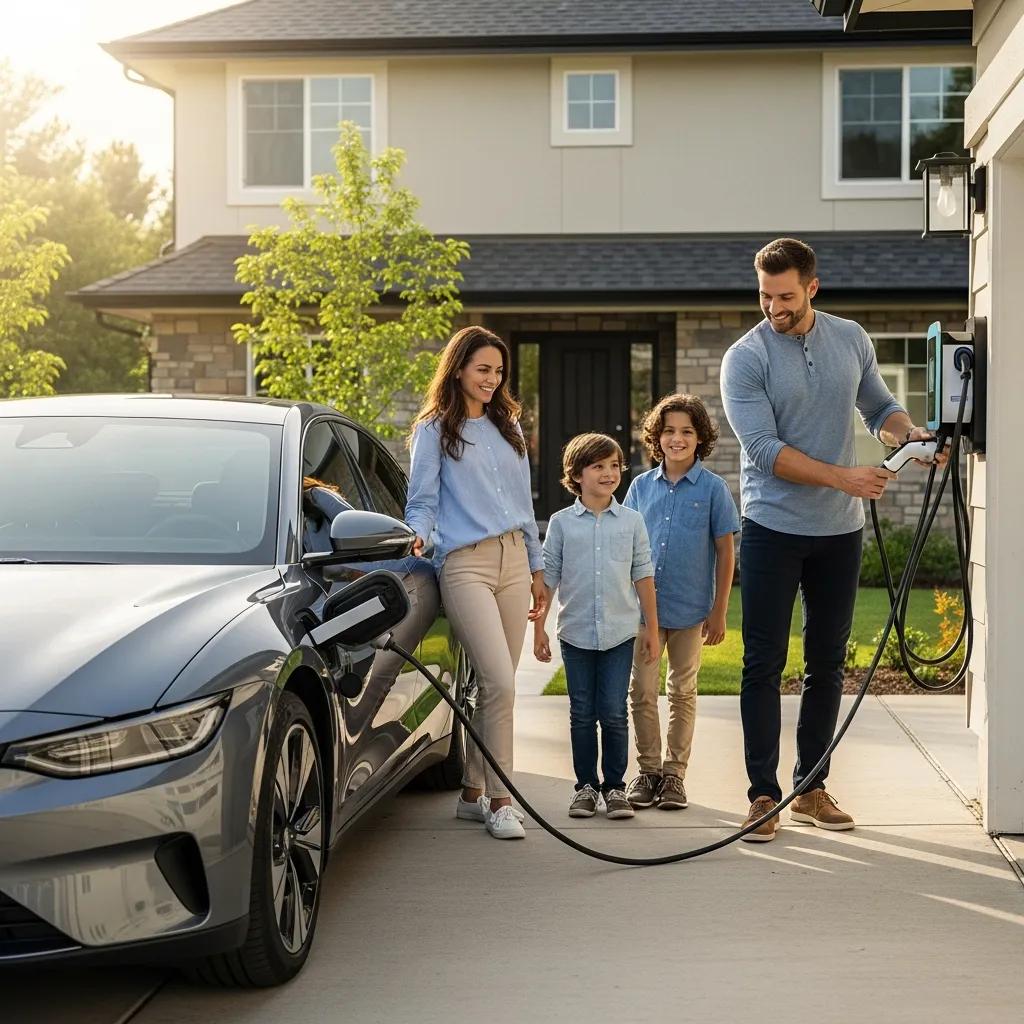 Family enjoying the benefits of home charging with a Level 2 EV charger in the background