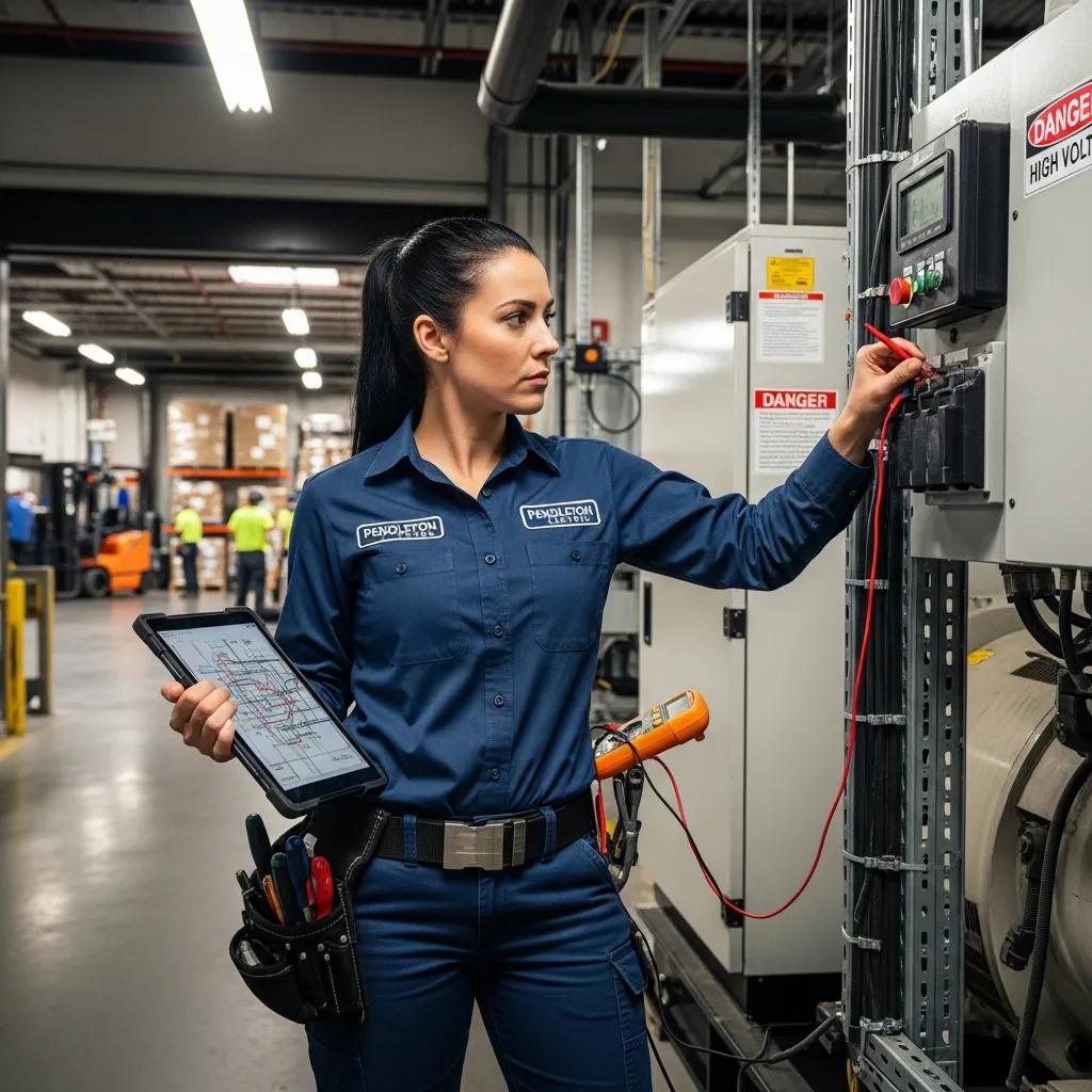 Pendleton Electric technician providing emergency generator services in a commercial setting