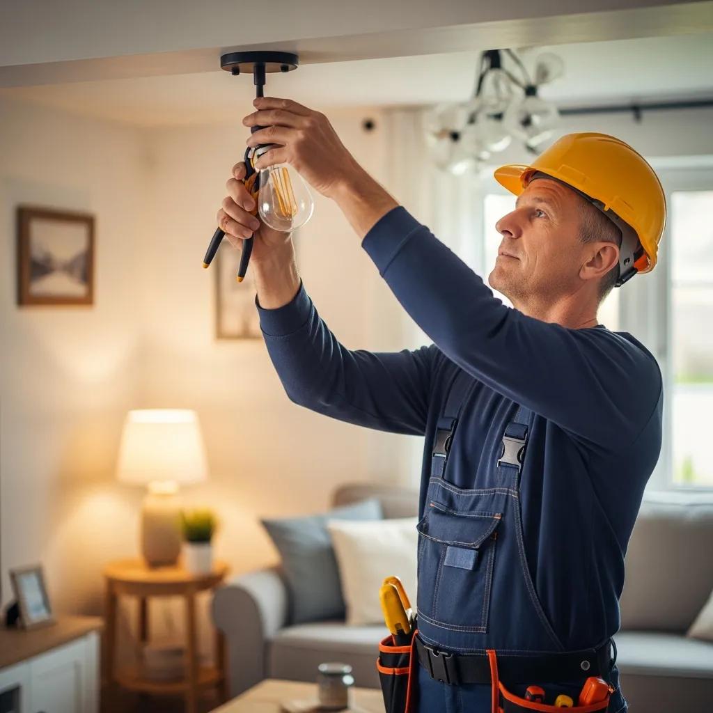 Residential electrician installing a light fixture in a cozy living room, emphasizing home electrical services in Pendleton, OR.