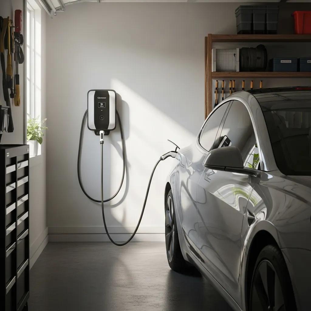 Residential EV charger installation in a garage with electric vehicle plugged in, emphasizing convenience and efficiency for homeowners in Pendleton, OR.