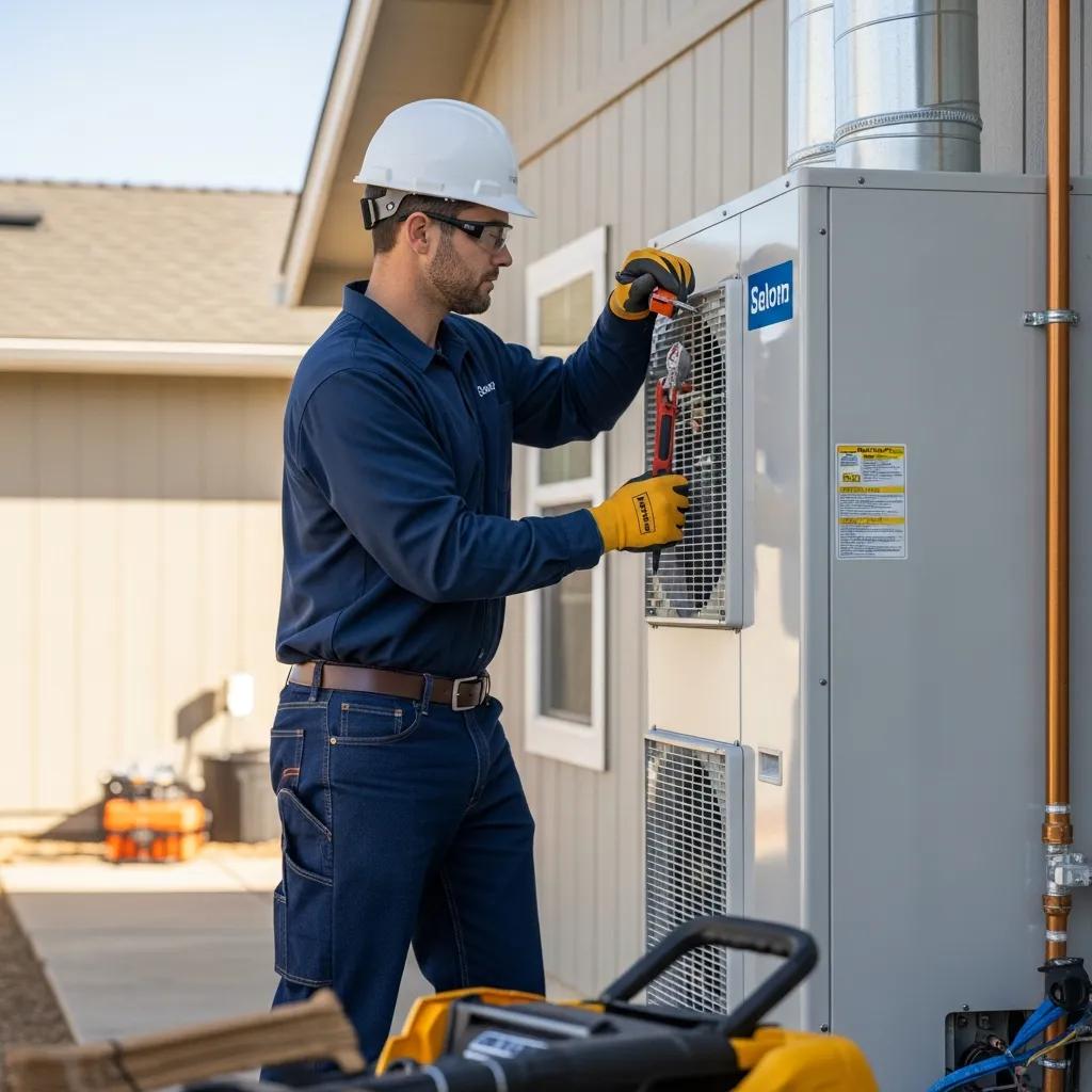 Technician installing a heat pump in a residential home in Eastern Oregon, wearing safety gear and using tools, demonstrating professional HVAC service.