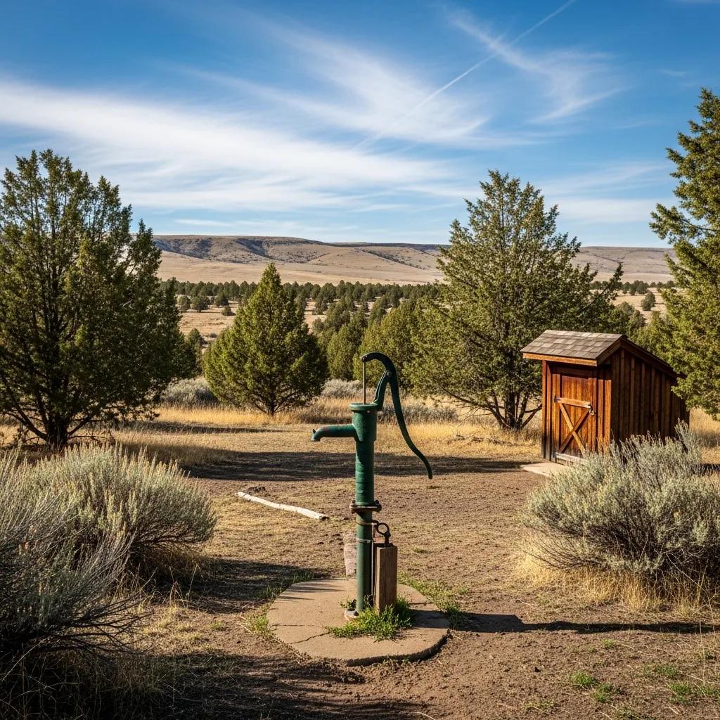 Well pump in Eastern Oregon landscape with a wooden shed, surrounded by trees and shrubs, representing reliable water supply solutions for homeowners and businesses.