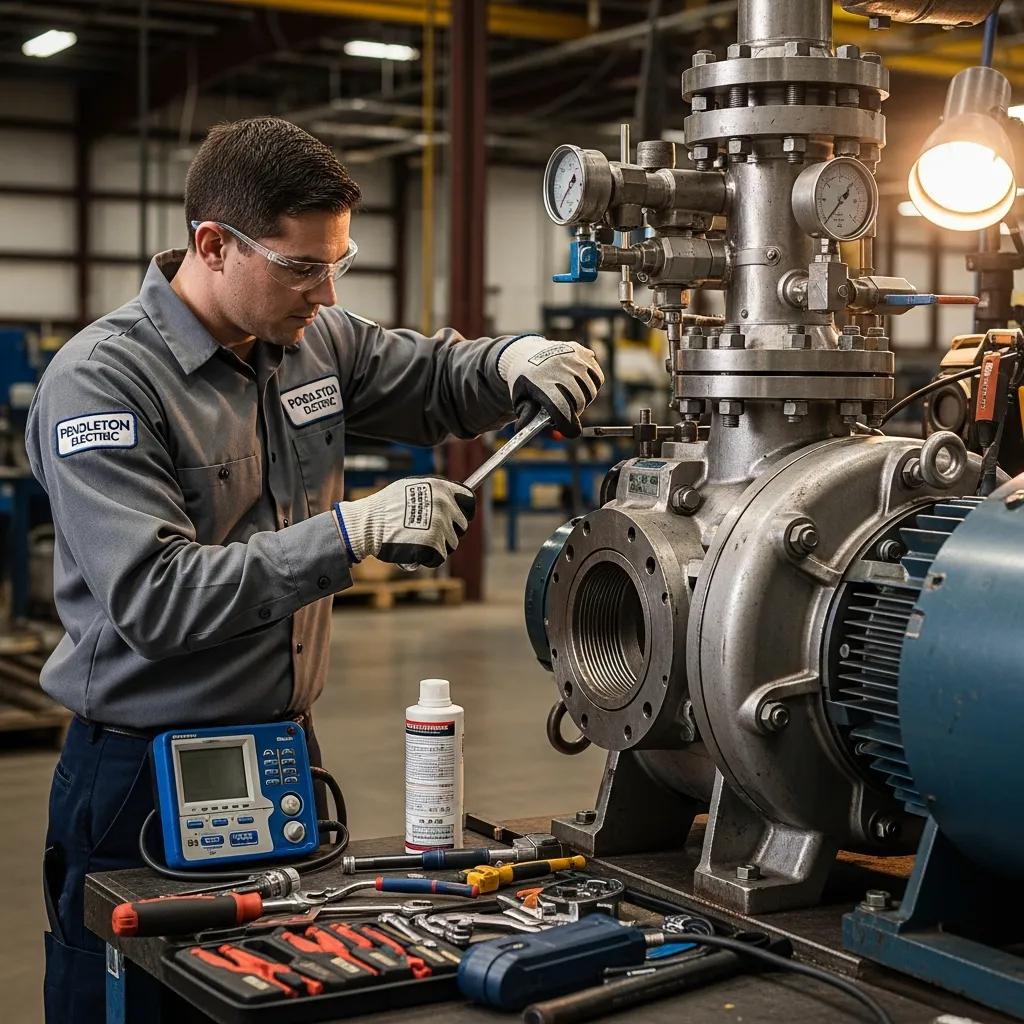 Technician servicing an industrial pump in a facility — Pendleton Electric industrial maintenance